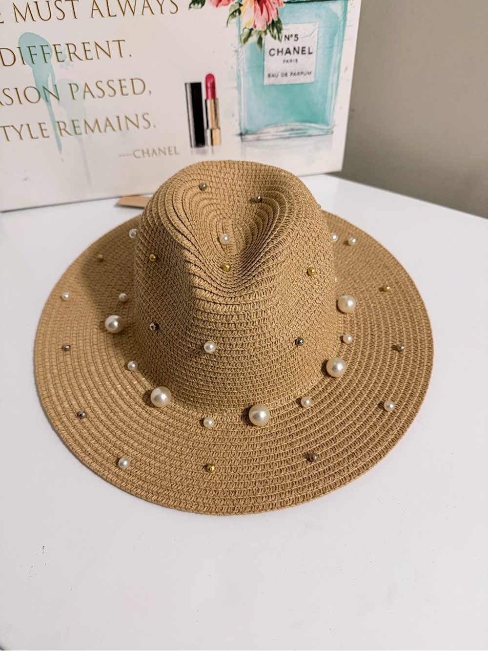 Steve Madden Pearl-Accent Straw Fedora Hat - Tan